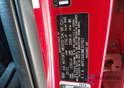 2021 Kia Forte Lxs from USA, damaged, VIN 3KPF24AD3ME337921